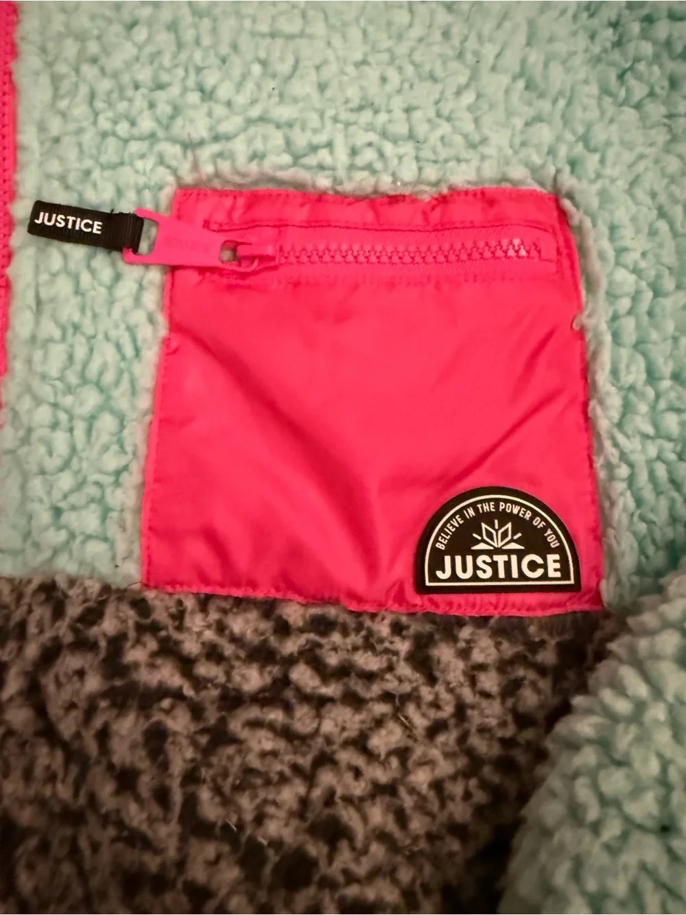 Justice Mint Green, Gray & Pink Sherpa Fleece Jacket